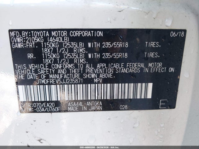 2018 Toyota Rav4 Limited მანქანა იყიდება აუქციონზე, vin: JTMDFREV5JJ235871, აუქციონის ნომერი: 44993255