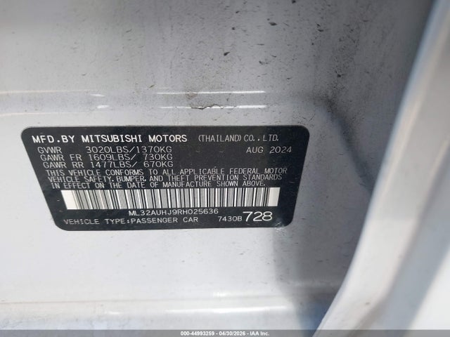 Aukcja sprzedaży 2024 Mitsubishi Mirage Es/le, vin: ML32AUHJ9RH025636, numer aukcji: 44993259