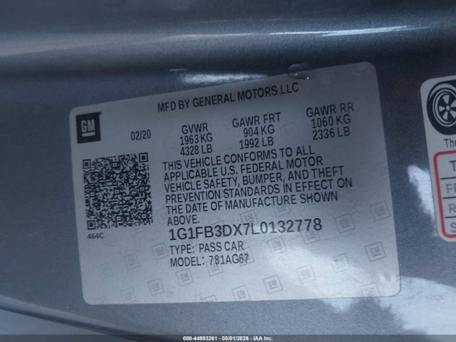44993261 :رقم المزاد ، 1G1FB3DX7L0132778 vin ، 2020 Chevrolet Camaro Rwd  1lt مزاد بيع
