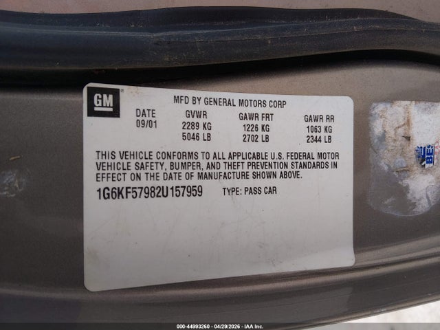 44993260 :رقم المزاد ، 1G6KF57982U157959 vin ، 2002 Cadillac Deville Dts مزاد بيع