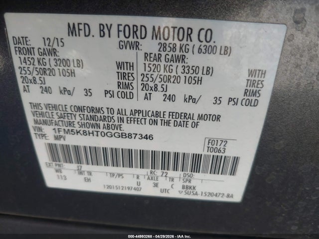 Продажа на аукционе авто 2016 Ford Explorer Platinum, vin: 1FM5K8HT0GGB87346, номер лота: 44993268
