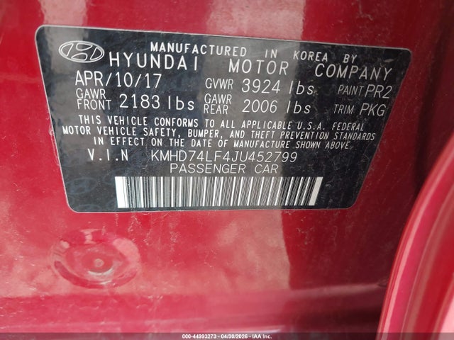 Продаж на аукціоні авто 2018 Hyundai Elantra Se, vin: KMHD74LF4JU452799, номер лоту: 44993273
