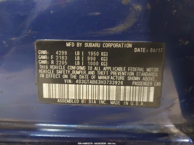 Aukcja sprzedaży 2017 Subaru Impreza 2.0i Premium, vin: 4S3GTAB63H3733926, numer aukcji: 44993279