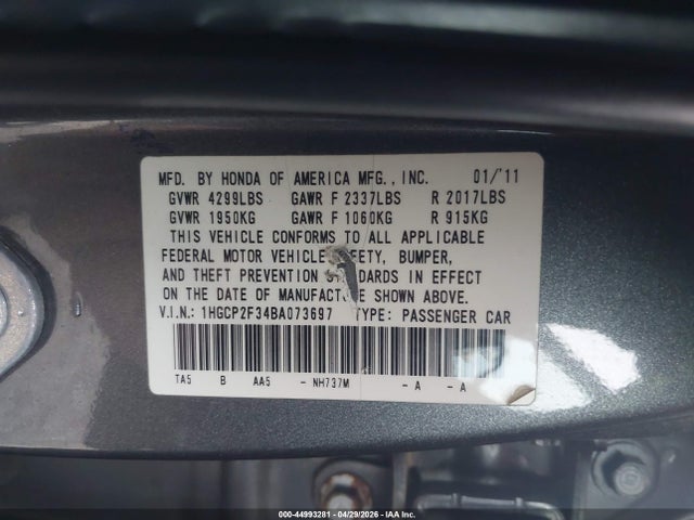 Aukcja sprzedaży 2011 Honda Accord 2.4 Lx, vin: 1HGCP2F34BA073697, numer aukcji: 44993281
