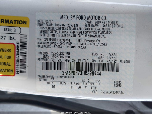 Ford FUSION SE 2017 3FA6P0H73HR398944 Image 9