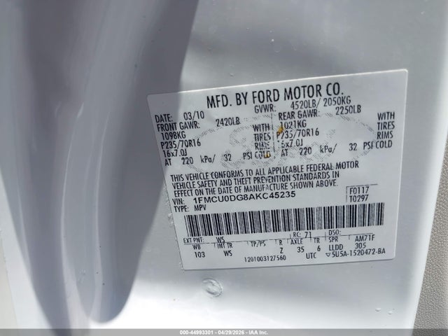 Aukcja sprzedaży 2010 Ford Escape Xlt, vin: 1FMCU0DG8AKC45235, numer aukcji: 44993301