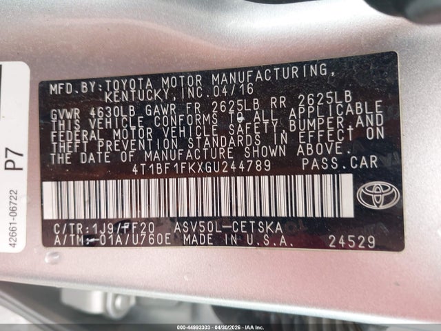 2016 Toyota Camry Se მანქანა იყიდება აუქციონზე, vin: 4T1BF1FKXGU244789, აუქციონის ნომერი: 44993303