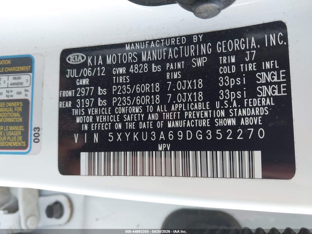 44993305 :رقم المزاد ، 5XYKU3A69DG352270 vin ، 2013 Kia Sorento Ex مزاد بيع