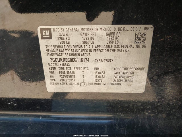 Продаж на аукціоні авто 2014 Chevrolet Silverado 1500 2lt, vin: 3GCUKREC0EG116174, номер лоту: 44993307