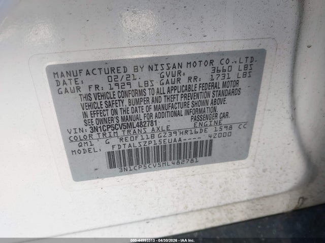 Продаж на аукціоні авто 2021 Nissan Kicks Sv Xtronic Cvt, vin: 3N1CP5CV5ML482781, номер лоту: 44993313