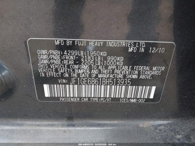 Aukcja sprzedaży 2011 Subaru Impreza 2.5i Premium, vin: JF1GE6B61BH513935, numer aukcji: 44993319