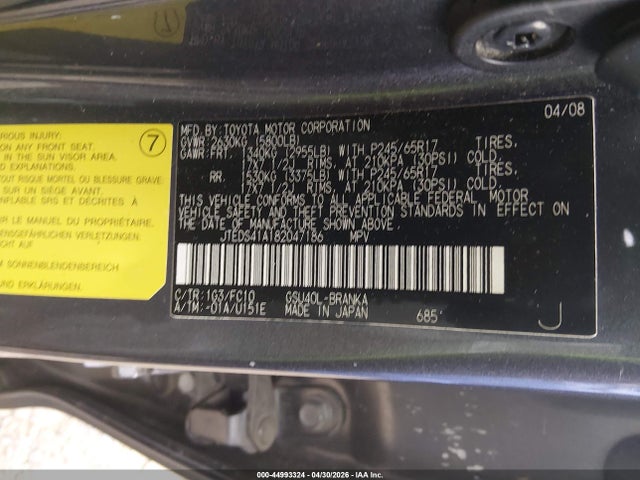 Aukcja sprzedaży 2008 Toyota Highlander, vin: JTEDS41A182047186, numer aukcji: 44993324