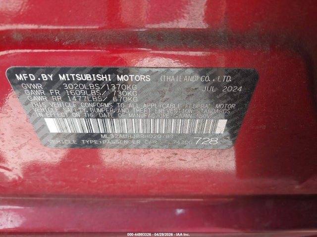 Продаж на аукціоні авто 2024 Mitsubishi Mirage Es/le, vin: ML32AUHJ8RH020783, номер лоту: 44993326