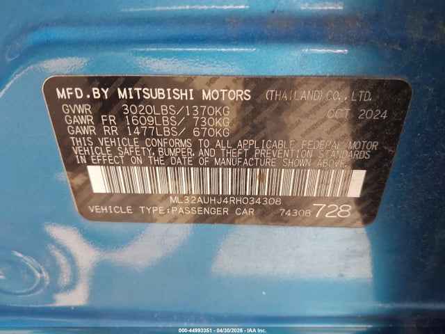 Продаж на аукціоні авто 2024 Mitsubishi Mirage Es/le, vin: ML32AUHJ4RH034308, номер лоту: 44993351