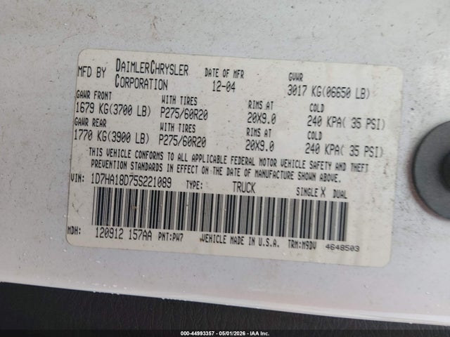Aukcja sprzedaży 2005 Dodge Ram 1500 Slt/laramie, vin: 1D7HA18D75S221089, numer aukcji: 44993357