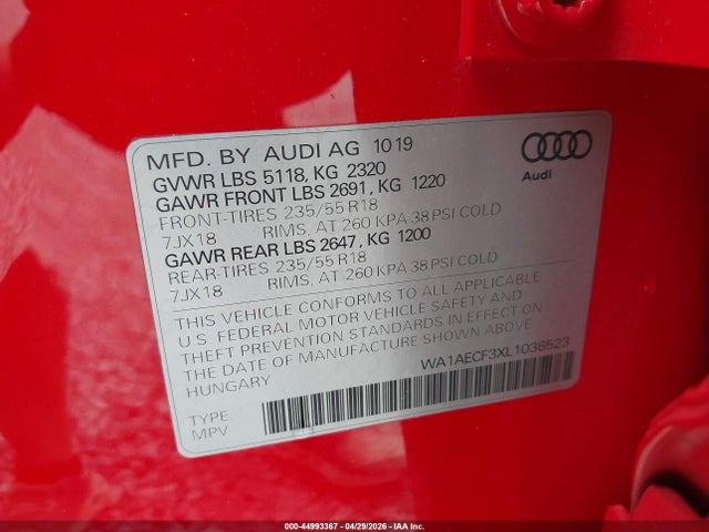 Aukcja sprzedaży 2020 Audi Q3 Premium 45 Tfsi Quattro Tiptronic, vin: WA1AECF3XL1036523, numer aukcji: 44993367