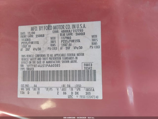 Auction sale of the 2001 Ford Ranger Edge/xl/xlt, vin: 1FTYR14U51PA60585, lot number: 44993366