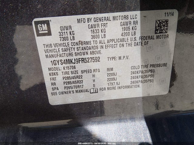 44993373 :رقم المزاد ، 1GYS4MKJ9FR527592 vin ، 2015 Cadillac Escalade Luxury مزاد بيع