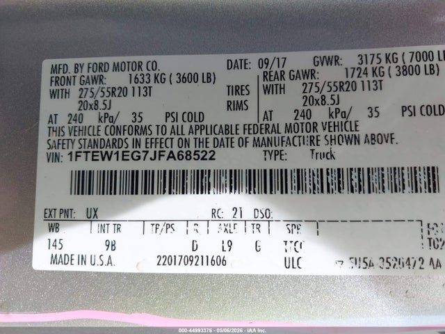 Продаж на аукціоні авто 2018 Ford F-150 Platinum, vin: 1FTEW1EG7JFA68522, номер лоту: 44993376