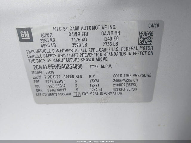 44993378 :رقم المزاد ، 2CNALPEW5A6364890 vin ، 2010 Chevrolet Equinox Lt مزاد بيع