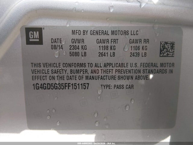 44993383 :رقم المزاد ، 1G4GD5G35FF151157 vin ، 2015 Buick Lacrosse Premium I مزاد بيع