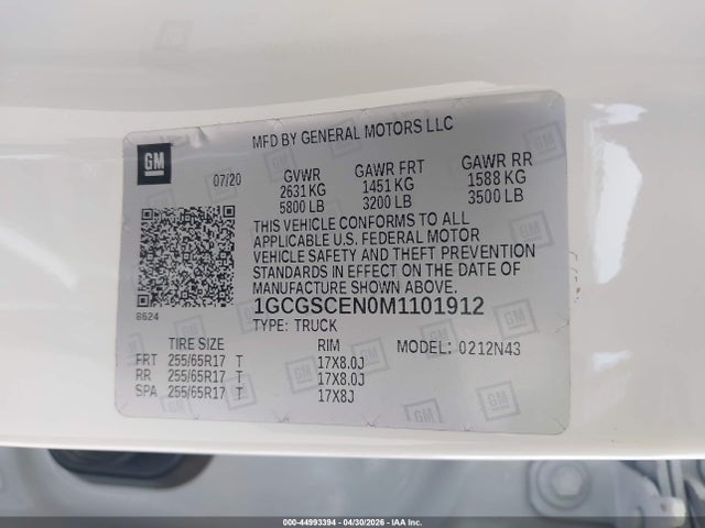 44993394 :رقم المزاد ، 1GCGSCEN0M1101912 vin ، 2021 Chevrolet Colorado 2wd  Short Box Lt مزاد بيع