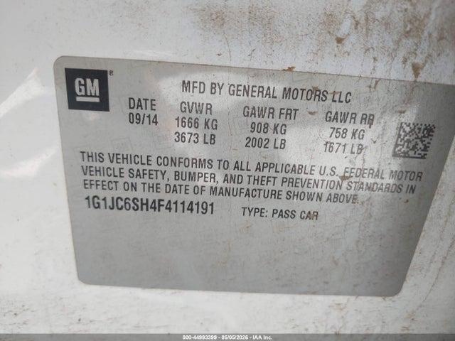 2015 Chevrolet Sonic Lt Auto მანქანა იყიდება აუქციონზე, vin: 1G1JC6SH4F4114191, აუქციონის ნომერი: 44993399