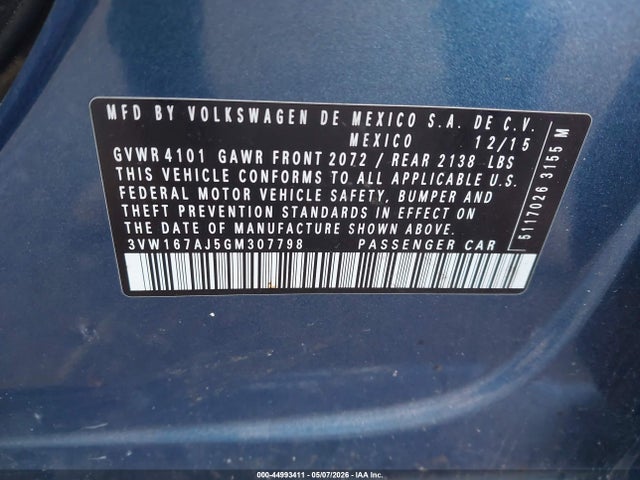 Продажа на аукционе авто 2016 Volkswagen Jetta 1.4t S, vin: 3VW167AJ5GM307798, номер лота: 44993411