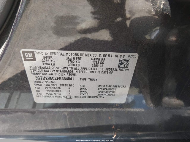 44993414 :رقم المزاد ، 3GTU2VEC2FG454041 vin ، 2015 Gmc Sierra 1500 Slt مزاد بيع