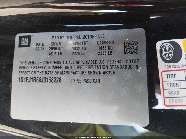 2018 Chevrolet Camaro Zl1 მანქანა იყიდება აუქციონზე, vin: 1G1FJ1R68J0158228, აუქციონის ნომერი: 44993430