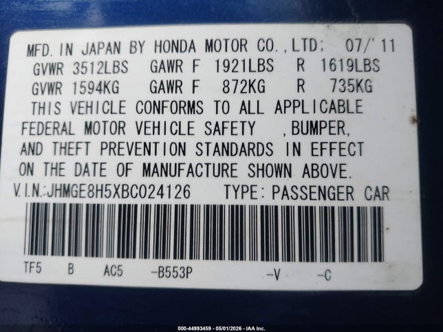 Продажа на аукционе авто 2011 Honda Fit Sport, vin: JHMGE8H5XBC024126, номер лота: 44993459