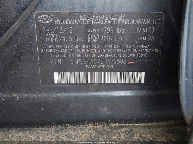Aukcja sprzedaży 2012 Hyundai Sonata Gls, vin: 5NPEB4AC7CH472588, numer aukcji: 44993482