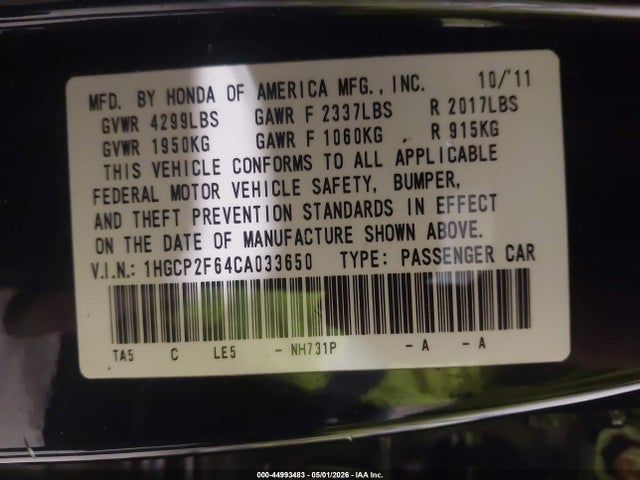 Aukcja sprzedaży 2012 Honda Accord 2.4 Se, vin: 1HGCP2F64CA033650, numer aukcji: 44993483