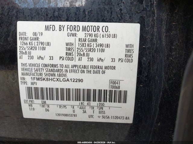 Aukcja sprzedaży 2020 Ford Explorer Platinum, vin: 1FM5K8HCXLGA12290, numer aukcji: 44993484