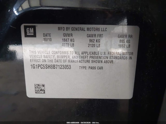 44993489 :رقم المزاد ، 1G1PC5SH8B7123053 vin ، 2011 Chevrolet Cruze Ls مزاد بيع
