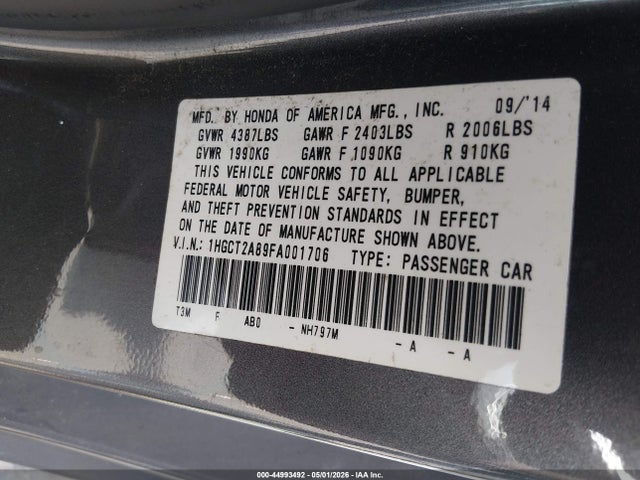 Honda Accord Ex-l V-6 2015 1HGCT2A89FA001706 Image 9