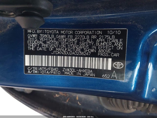 44993503 :رقم المزاد ، JTDKN3DU2A0238247 vin ، 2010 Toyota Prius Iii مزاد بيع