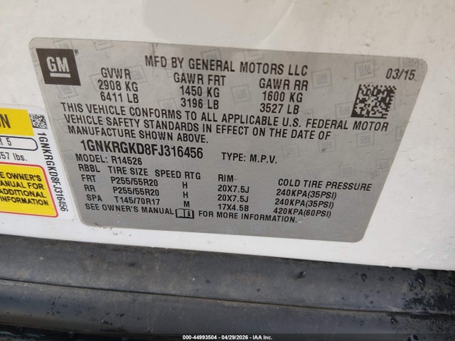 Продаж на аукціоні авто 2015 Chevrolet Traverse 1lt, vin: 1GNKRGKD8FJ316456, номер лоту: 44993504