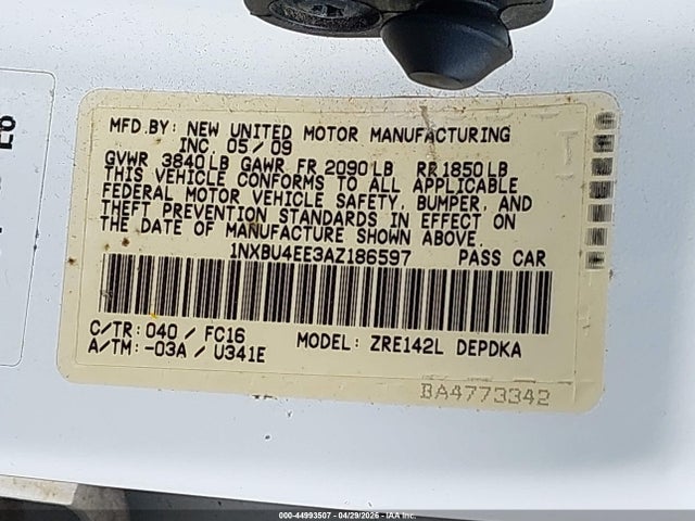 Aukcja sprzedaży 2010 Toyota Corolla Le, vin: 1NXBU4EE3AZ186597, numer aukcji: 44993507