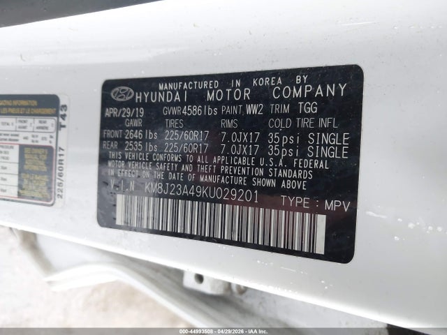 Aukcja sprzedaży 2019 Hyundai Tucson Se, vin: KM8J23A49KU029201, numer aukcji: 44993508