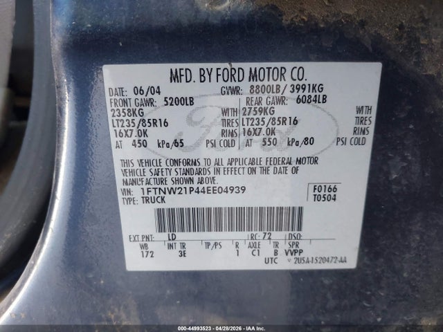 Продаж на аукціоні авто 2004 Ford F-250 Lariat/xl/xlt, vin: 1FTNW21P44EE04939, номер лоту: 44993523