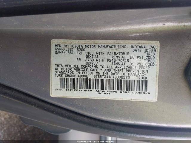 Aukcja sprzedaży 2000 Toyota Tundra Sr5 V8, vin: 5TBRT3413YS030582, numer aukcji: 44993528