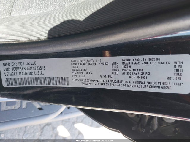 Продажа на аукционе авто 2021 Ram 1500 Big Horn  4x4 6'4 Box, vin: 1C6RRFBG6MN733518, номер лота: 44993533