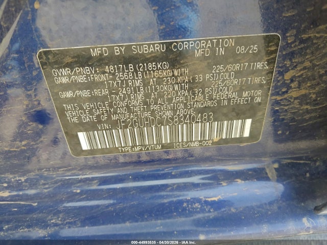 44993535 :رقم المزاد ، JF2GUHDC7S8340483 vin ، 2025 Subaru Crosstrek Premium مزاد بيع