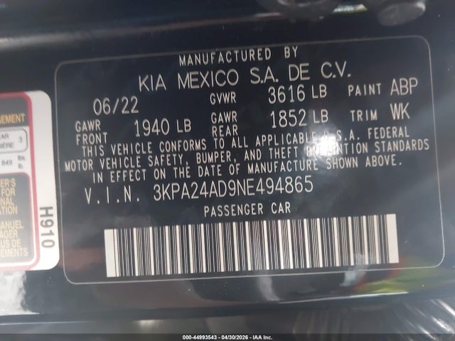Продаж на аукціоні авто 2022 Kia Rio S, vin: 3KPA24AD9NE494865, номер лоту: 44993543