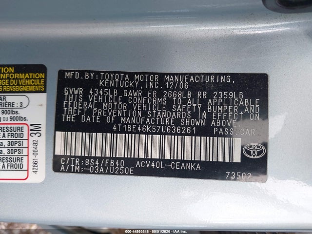2007 Toyota Camry Le მანქანა იყიდება აუქციონზე, vin: 4T1BE46K57U636261, აუქციონის ნომერი: 44993546