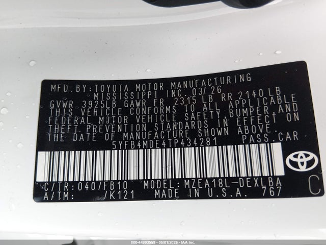 Aukcja sprzedaży 2026 Toyota Corolla Le, vin: 5YFB4MDE4TP434281, numer aukcji: 44993559