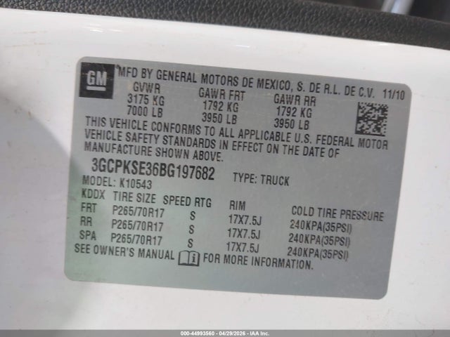 Продажа на аукционе авто 2011 Chevrolet Silverado 1500 Lt, vin: 3GCPKSE36BG197682, номер лота: 44993560