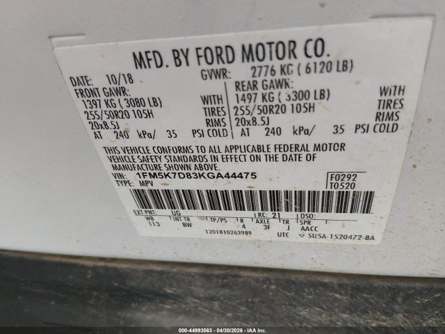 Aukcja sprzedaży 2019 Ford Explorer Xlt, vin: 1FM5K7D83KGA44475, numer aukcji: 44993563