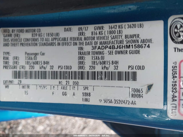Продажа на аукционе авто 2017 Ford Fiesta Se, vin: 3FADP4BJ6HM158674, номер лота: 44993571